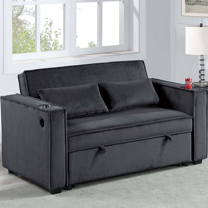 Modern Style Convertible Sofa With Pull-Out Bed, USB Ports &amp; Cup Holders