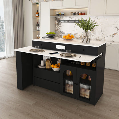 Kitchen Island With Extendable Rotating Table, 4 Drawers &amp; Glass Door Cabinets, Built In Socket - Black