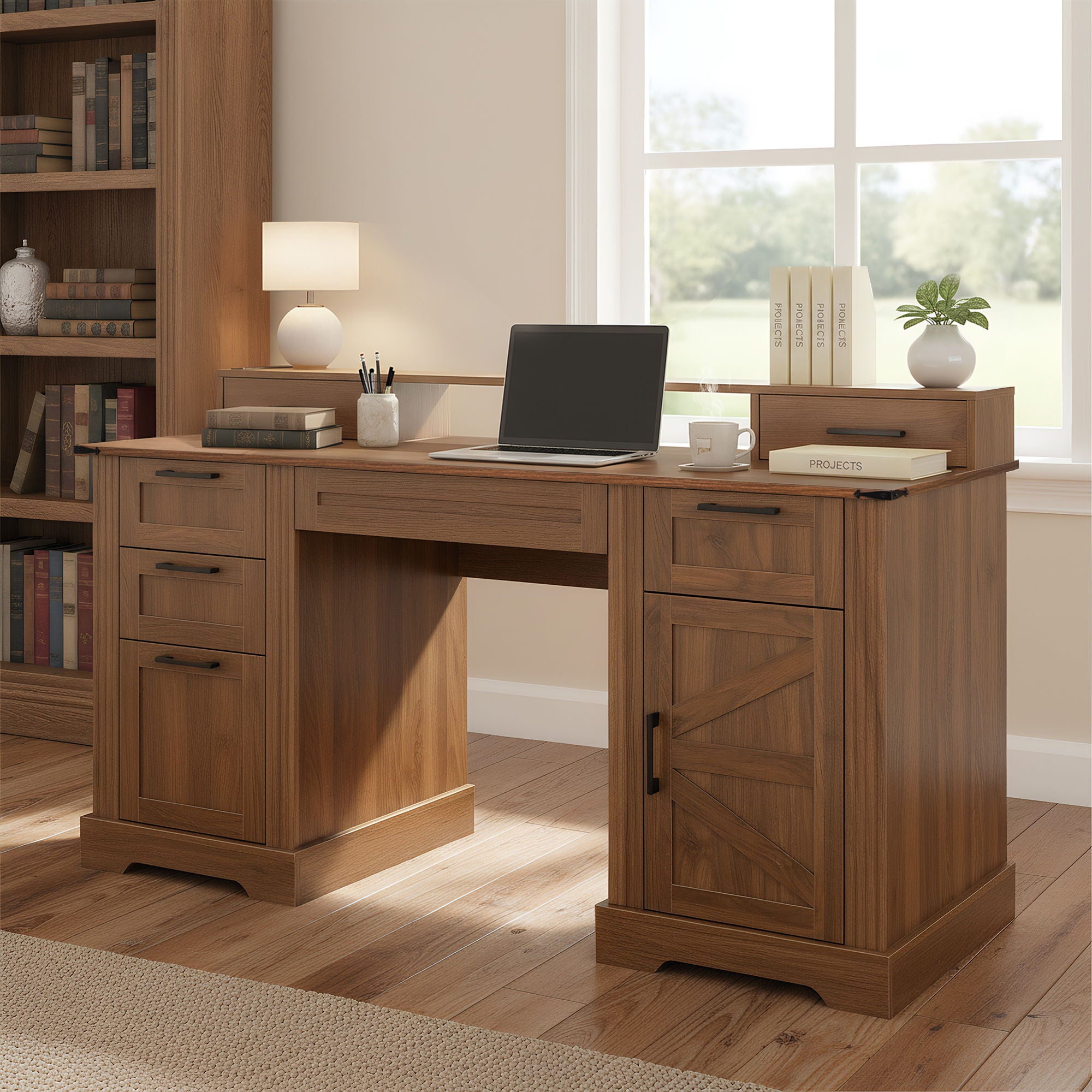 Office Desk With Charging Station &amp; Storage Cabinet