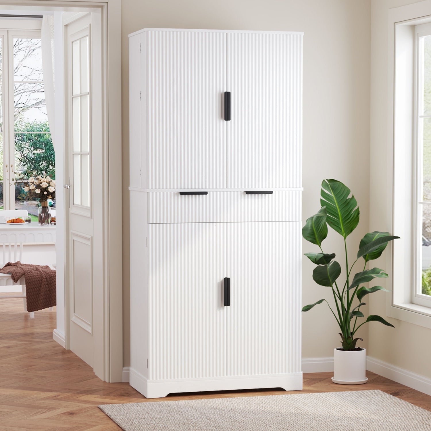 Fluted Kitchen Pantry Cabinet With 3 Keyboard Drawers &amp; 6 Adjustable Door Shelves