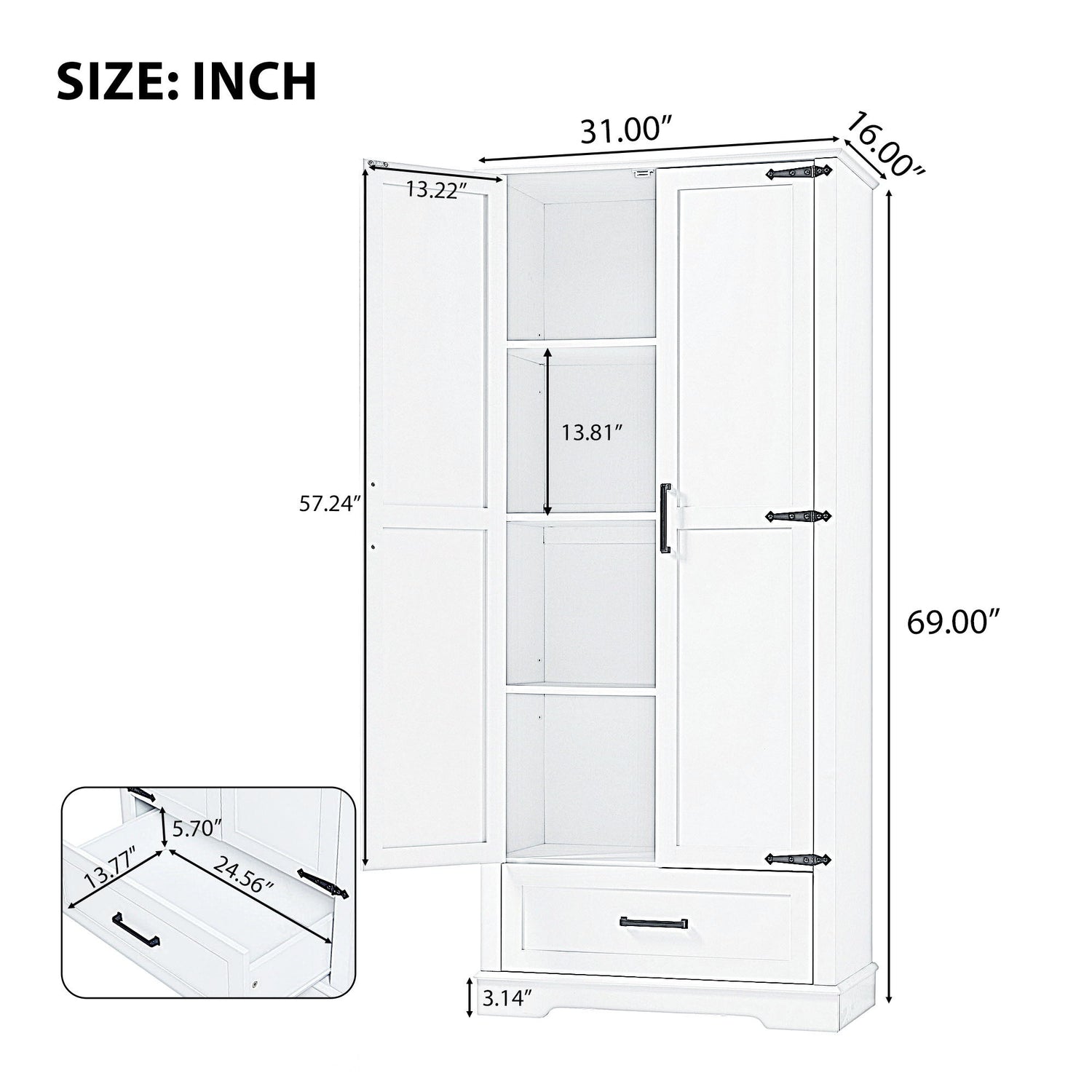 Tall Bathroom Storage Cabinet With 2 Doors And 2 Drawer, Adjustable Shelf - White