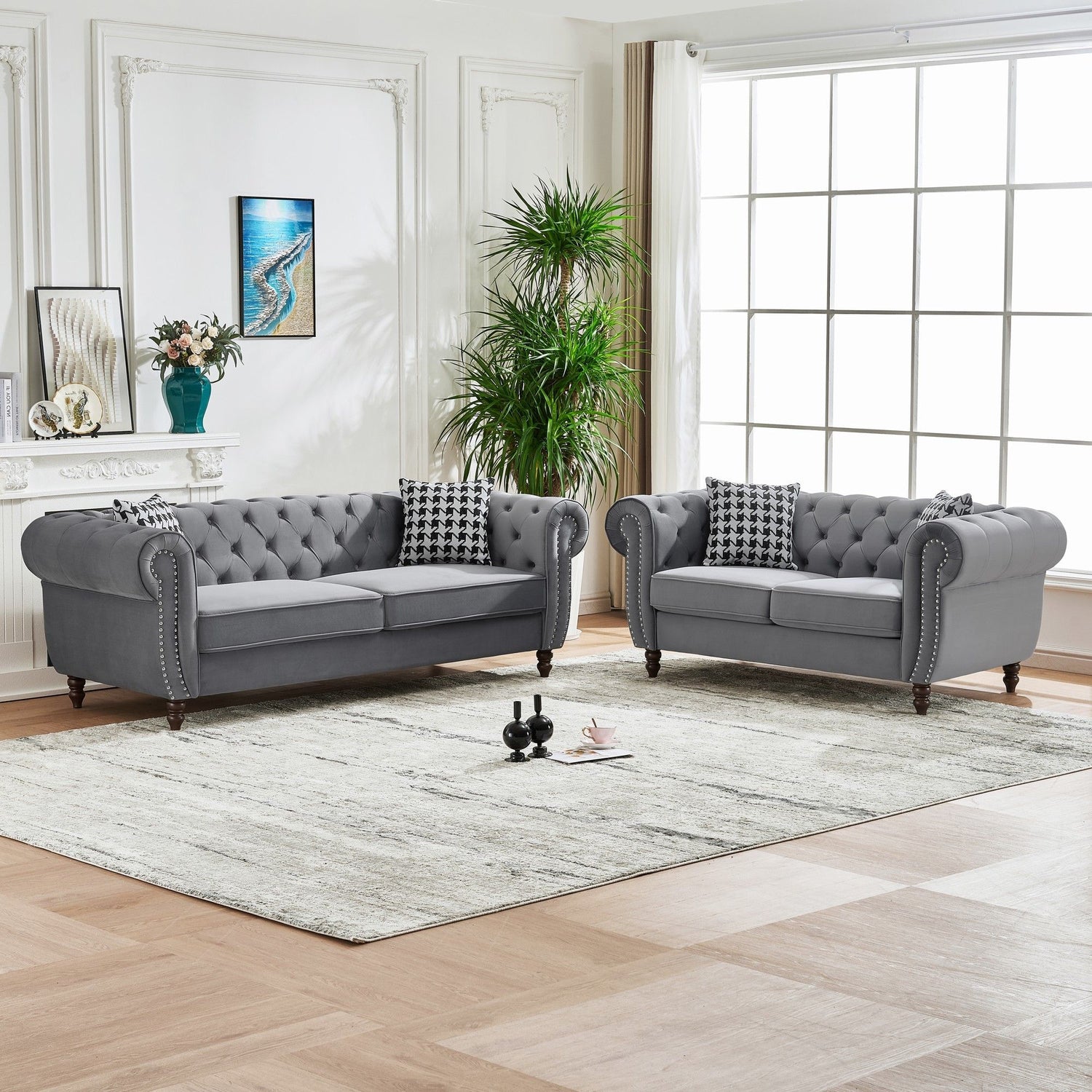 Chesterfield 3 And 2 Seater Velvet Upholstery Sofa With Roll Armrest &amp; Nailhead Fabric Couch
