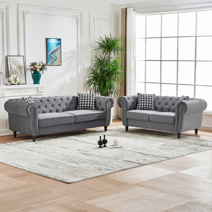 Chesterfield 3 And 2 Seater Velvet Upholstery Sofa With Roll Armrest &amp; Nailhead Fabric Couch