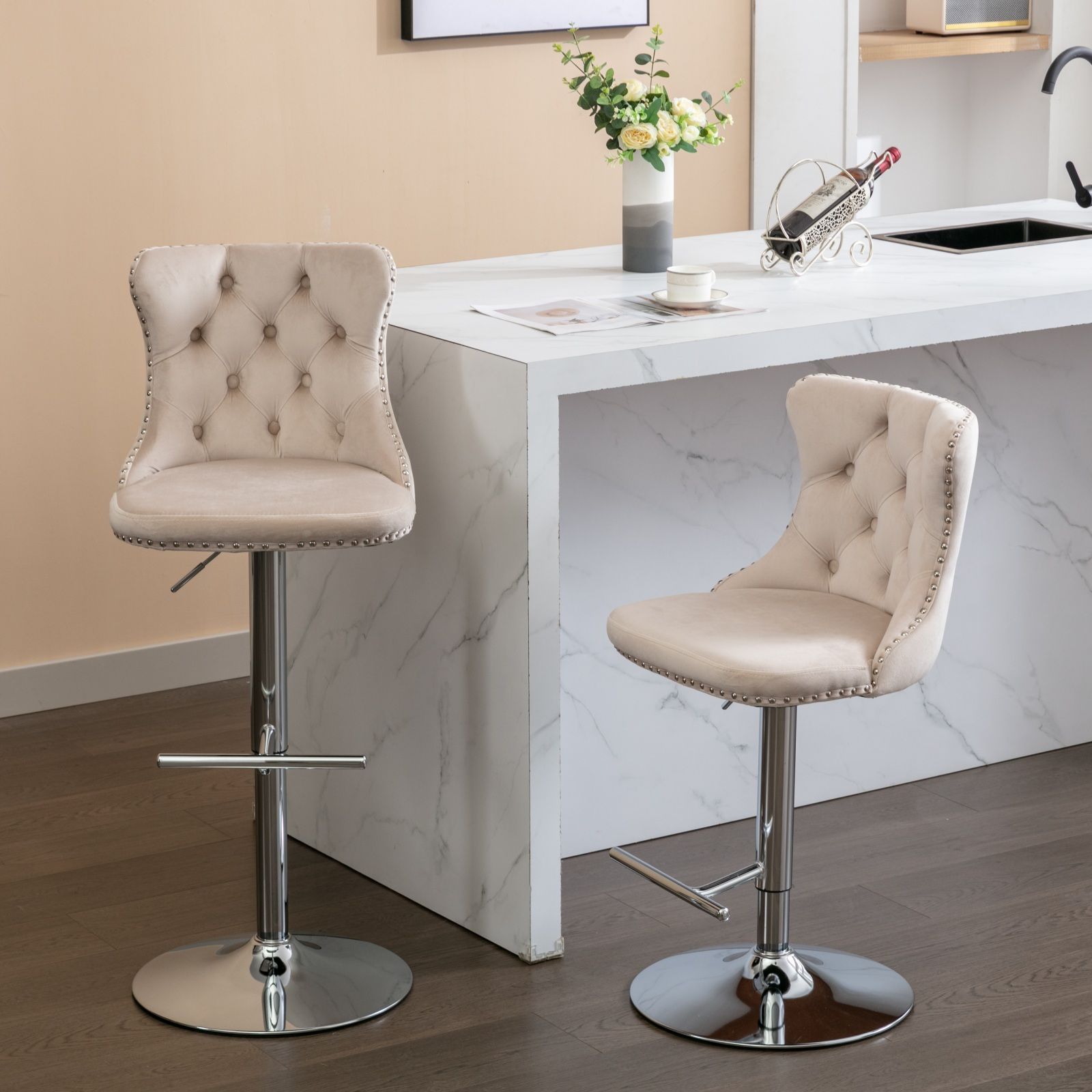 Swivel Velvet Barstools Adjusatble Seat Height From 25-33&quot;, Modern Upholstered Chrome Base Bar Stools With Backs Comfortable Tufted For Home Pub And Kitchen Island (Set of 2)