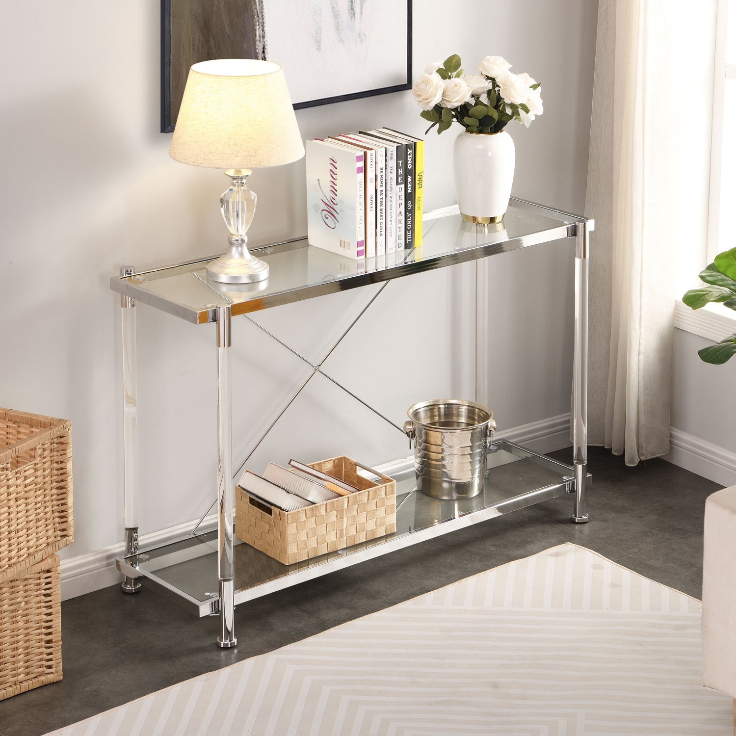 Chrome Glass Sofa Table, Acrylic Side Table, Console Table For Living Room &amp; Bedroom - Chrome