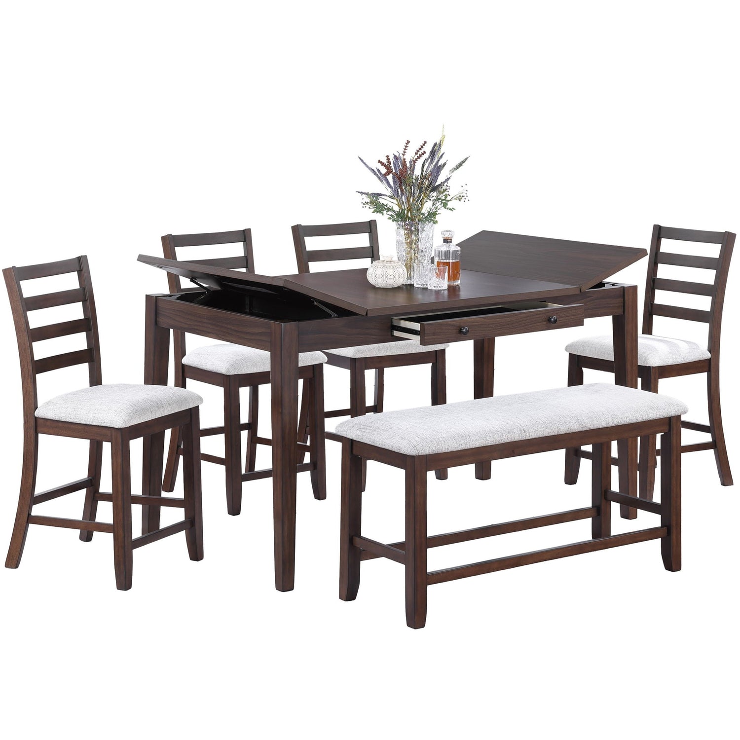 6 Piece Counter Height Dining Set Table With Storage Ladder Back Chairs And Bench - Walnut