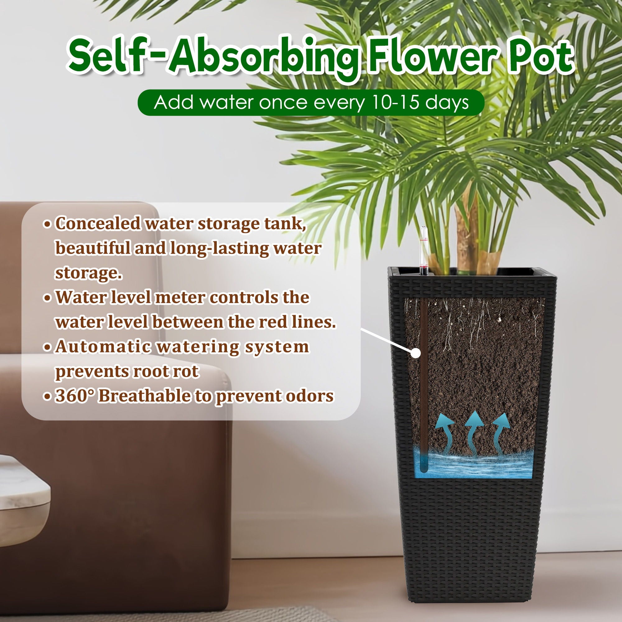 Elegant Square Planter With Automatic Watering System, Faux Rattan Design, Polypropylene (Set of 2) - Black