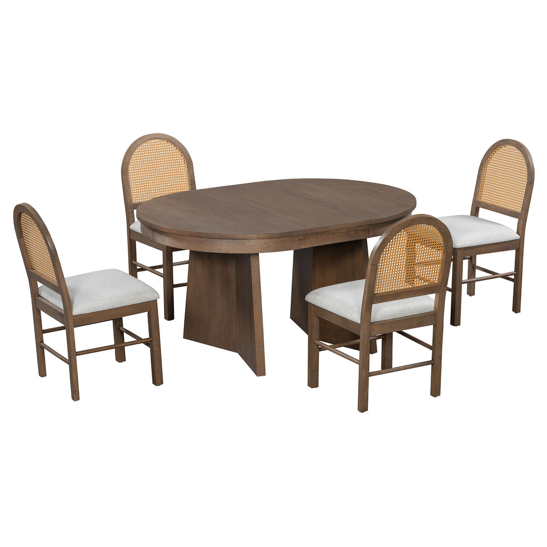 Extendable Round Dining Table Set For 4 With 4 Upholstered Chairs - Beige / Walnut
