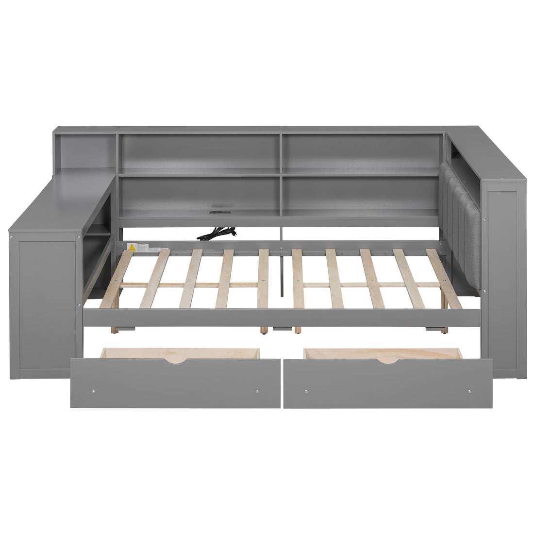 Platform Bed With Upholstered Headboard, Storage Shelves, Drawers, Charging Station, LED Lighting, Built In Desk