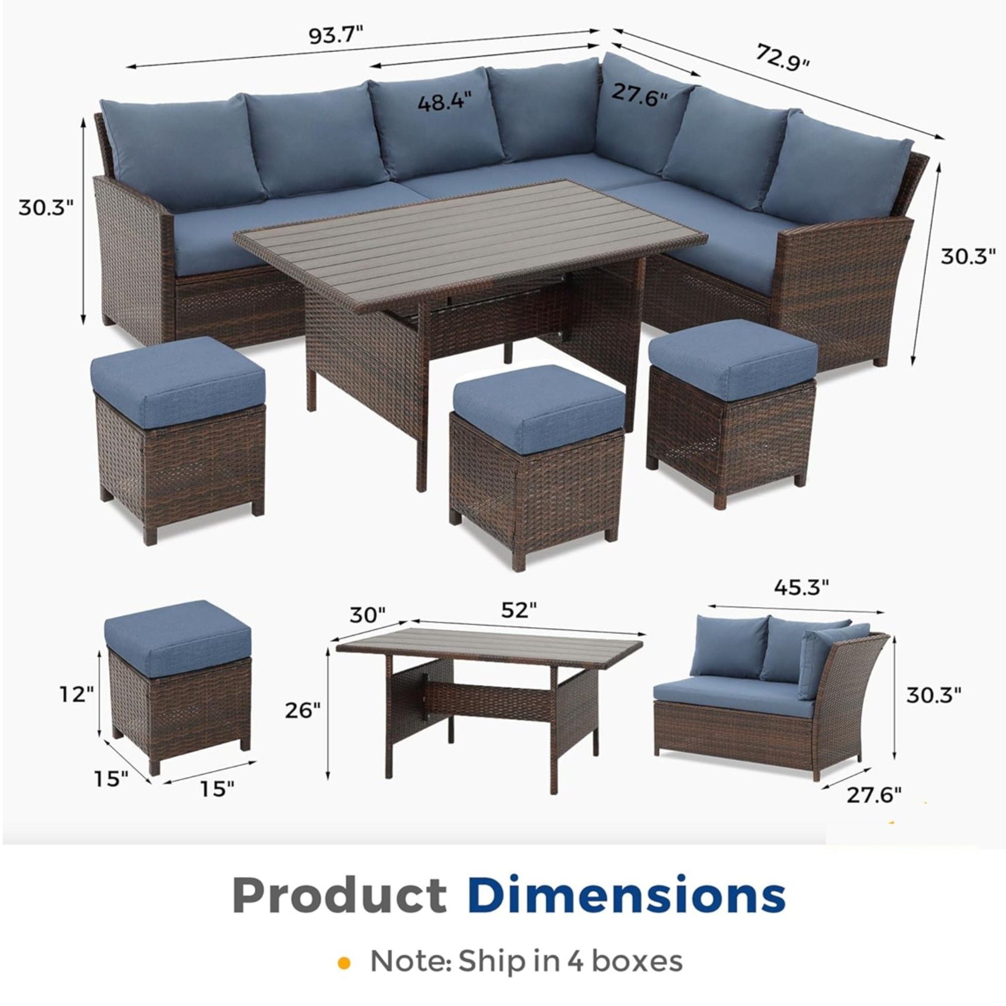 7 Piece Patio Dining Set With Cushions, Modular Sectional Sofa &amp; Storage Table
