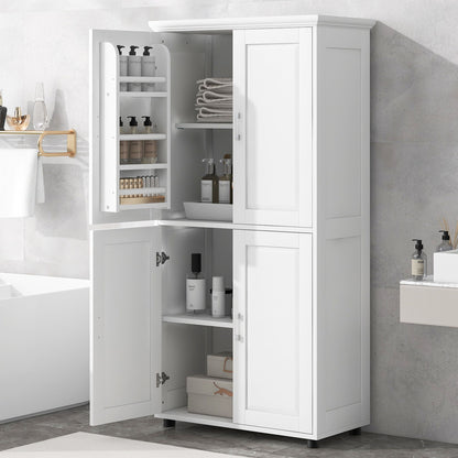 Tall And Wide Bathroom Floor Storage Cabinet With 4 Doors, Adjustable Shelves - White