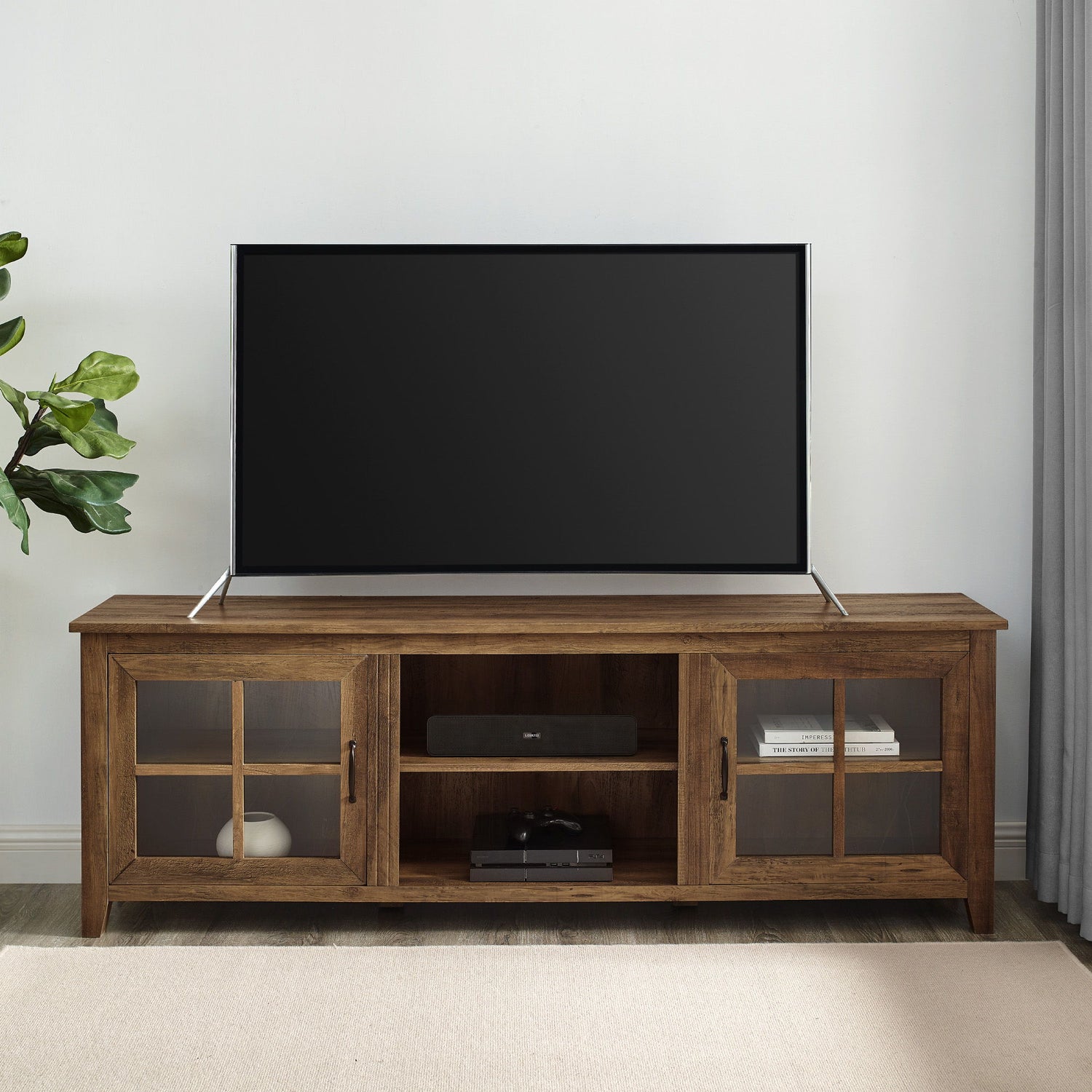 Modern Farmhouse 2 Door Glass Windowpane 70&quot; TV Stand For 80&quot; TVs