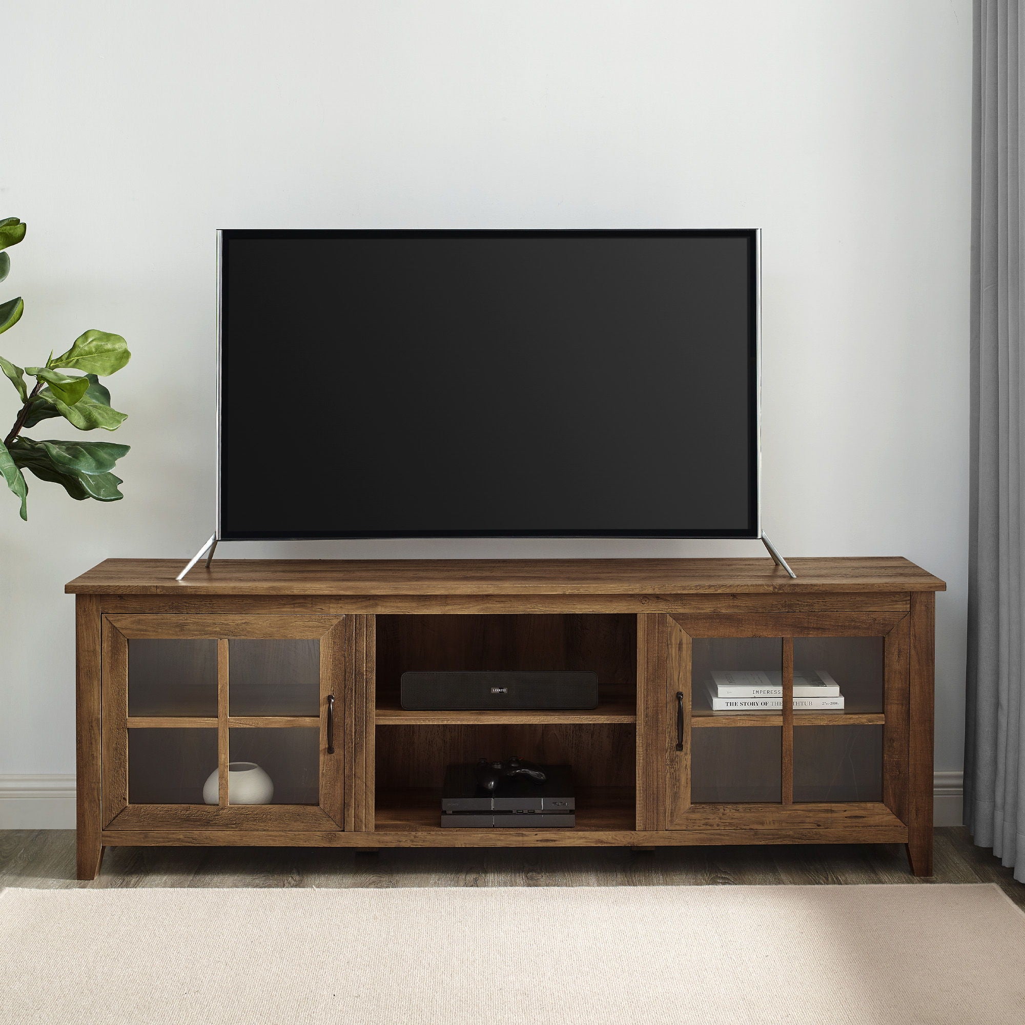 Modern Farmhouse 2 Door Glass Windowpane 70&quot; TV Stand For 80&quot; TVs