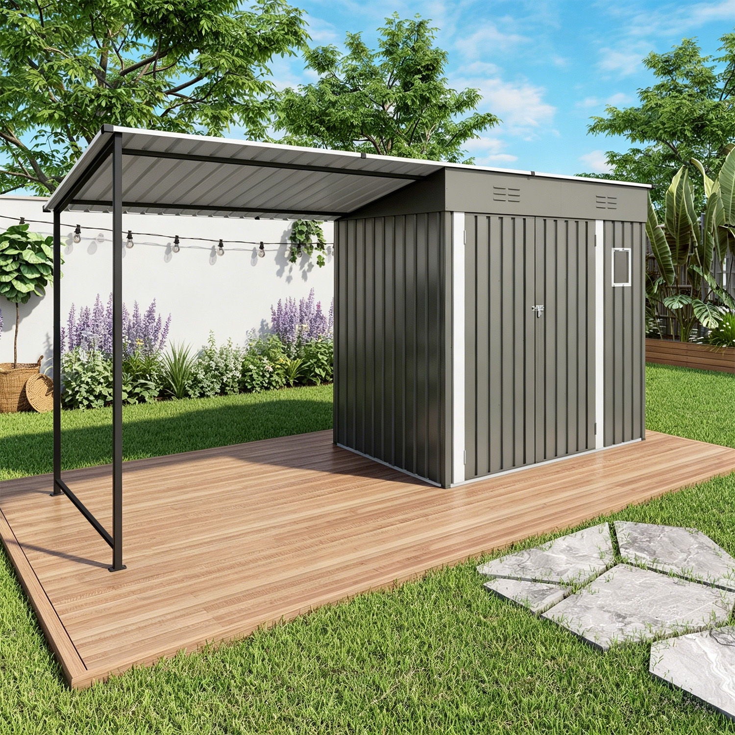 Lean To Shed With Open Sided Pergola, Outdoor Storage Shed &amp; Attached Hardtop Gazebo Combo - Gray