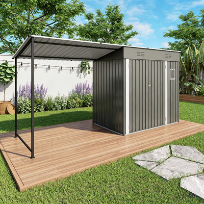 Lean To Shed With Open Sided Pergola, Outdoor Storage Shed &amp; Attached Hardtop Gazebo Combo - Gray