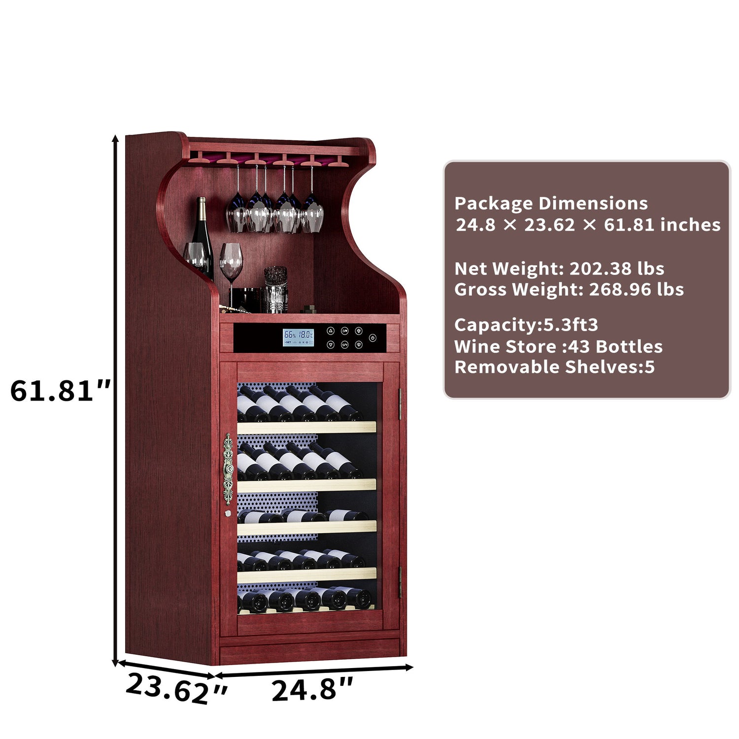 Wine Cooler Cabinet With Touch Control, 43 Bottle Capacity, Humidity &amp; Temperature Regulation - Cherry