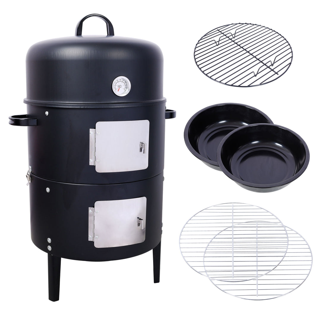 Heavy Duty Round Bbq Grill 17&quot; Steel Charcoal Smoker For Outdoor Cooking - Black