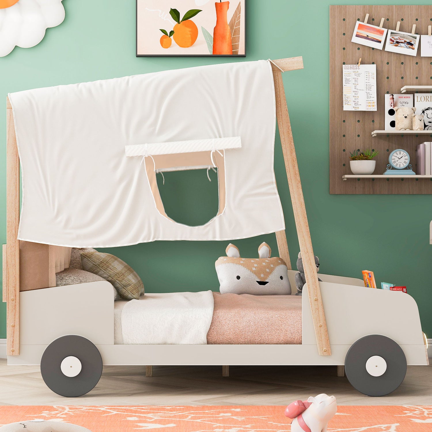 Twin Size Car Bed &amp; Pillow, Ceiling Cloth And LED - Natural
