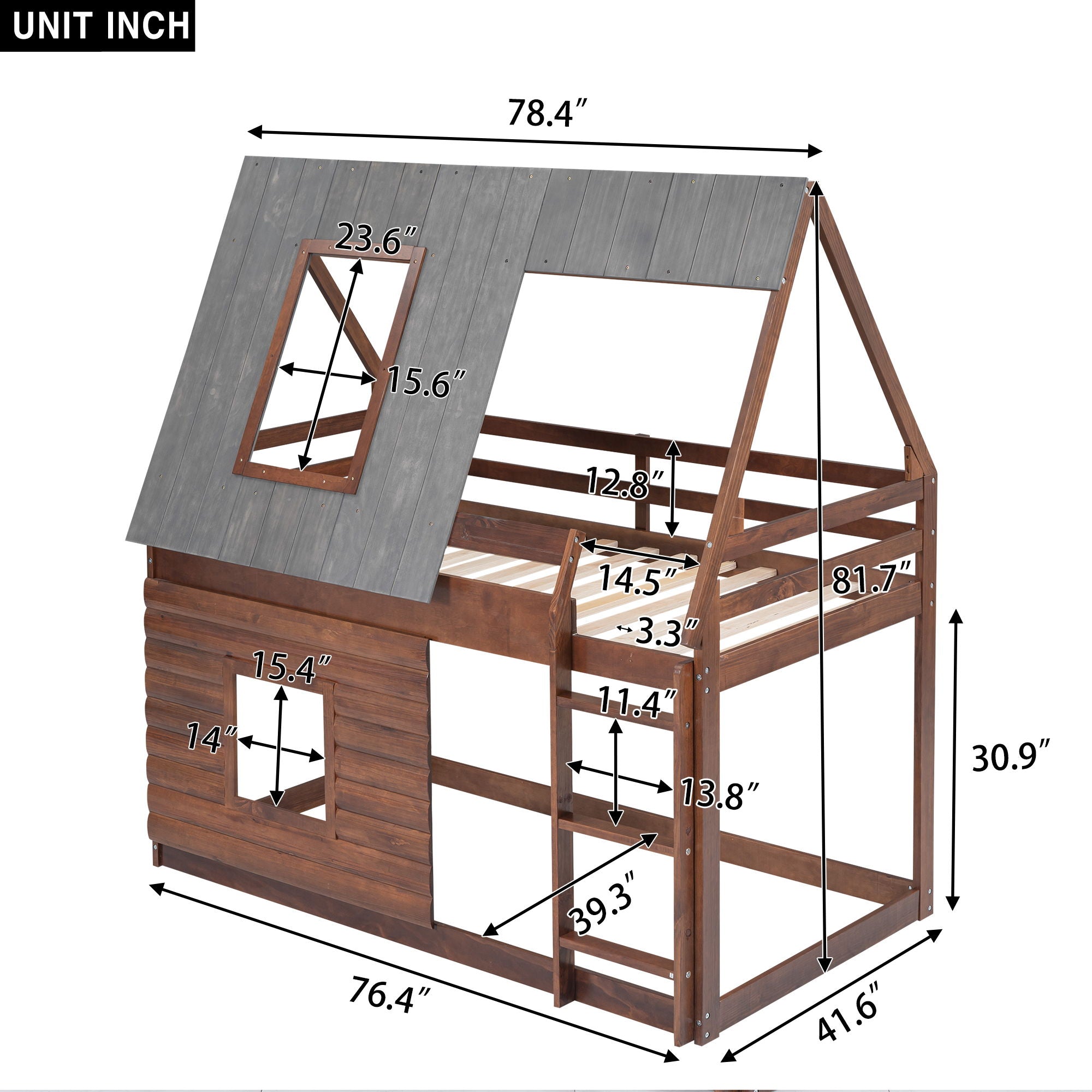 Wood Twin Size House Bunk Bed With Roof, Ladder And 2 Windows - Oak &amp; Smoky Gray
