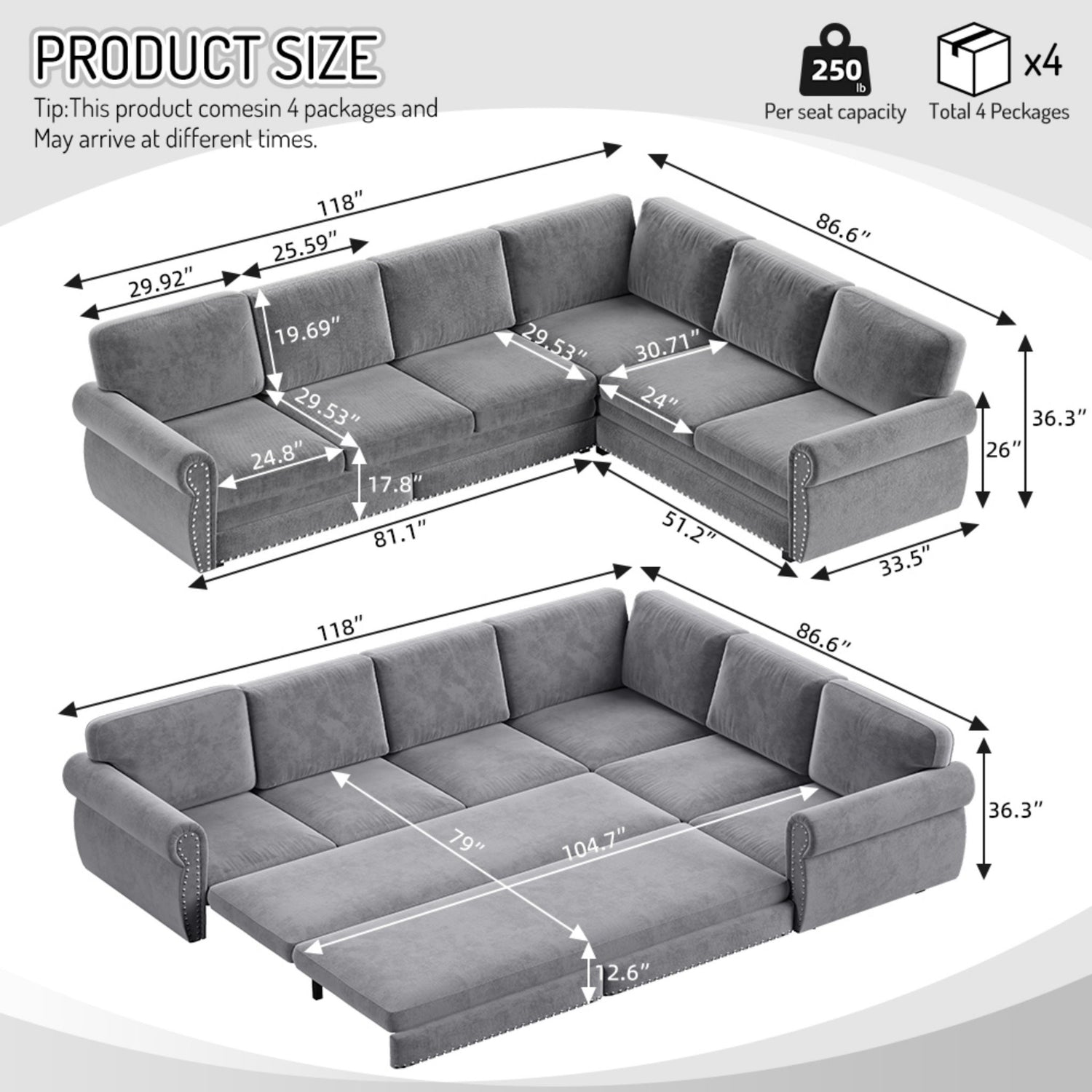 L-Shaped Sofa Couch With Pull Out Bed With Nailhead Trim &amp; Rolled Arm