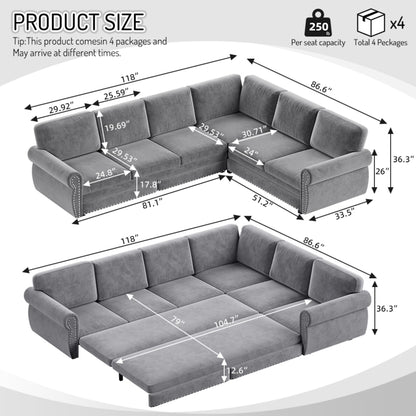 L-Shaped Sofa Couch With Pull Out Bed With Nailhead Trim &amp; Rolled Arm