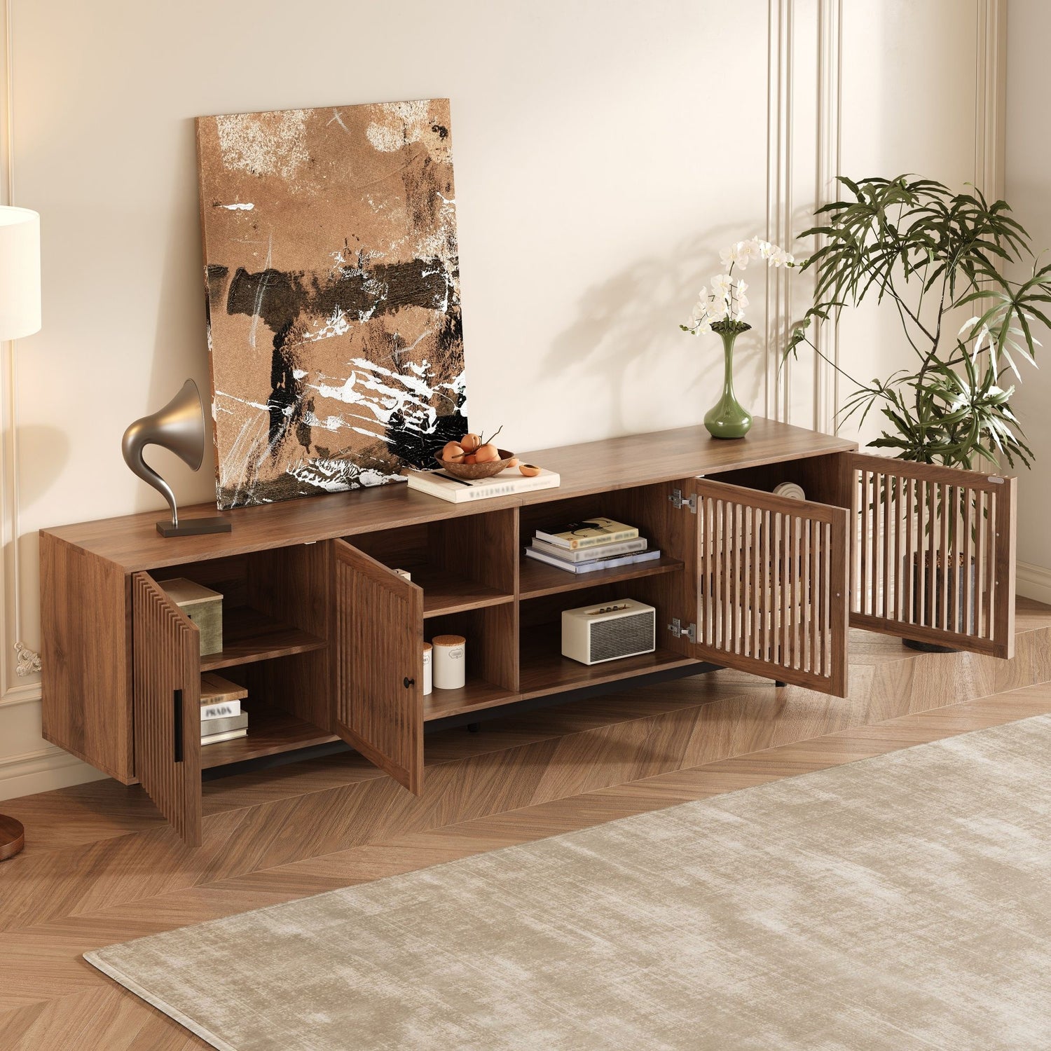 TV Stand For TVs, Entertainment Center With Closed Storage &amp; Cable Management, Soft Closing Hinges - Walnut