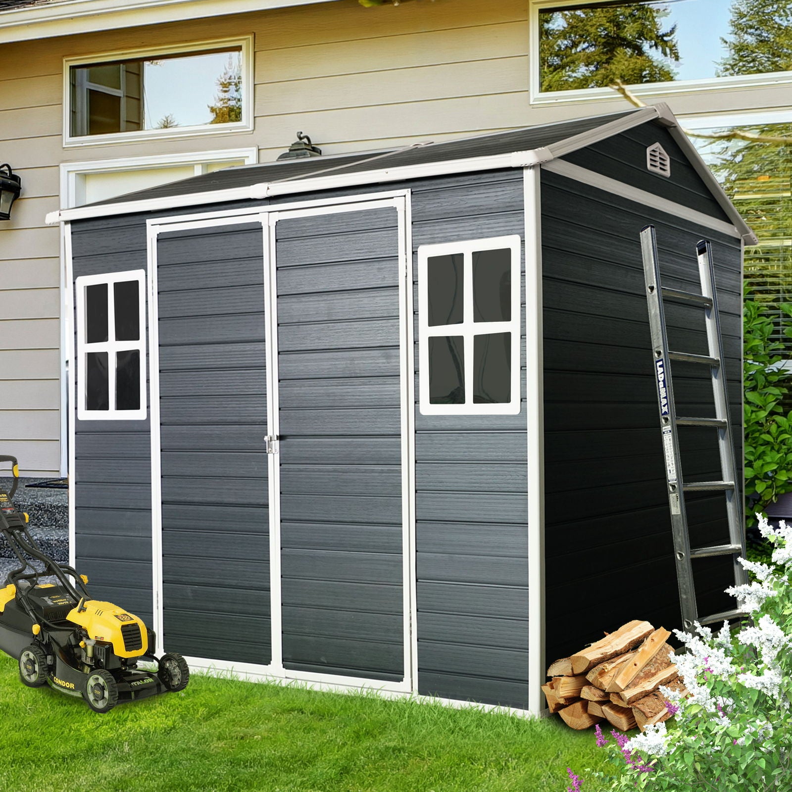 Resin Outdoor Storage Shed Waterproof Shed With Floor &amp; Two Windows &amp; Lockable Door, Tool Shed For Garden, Patio, Backyard