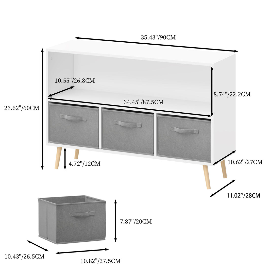 Kids Bookcase With Collapsible Fabric Drawers, Children&