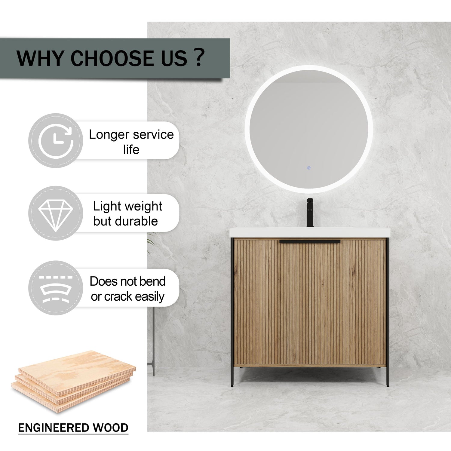 Modern Freestanding Bathroom Vanity With Resin Sink &amp; Soft Close Cabinet Doors