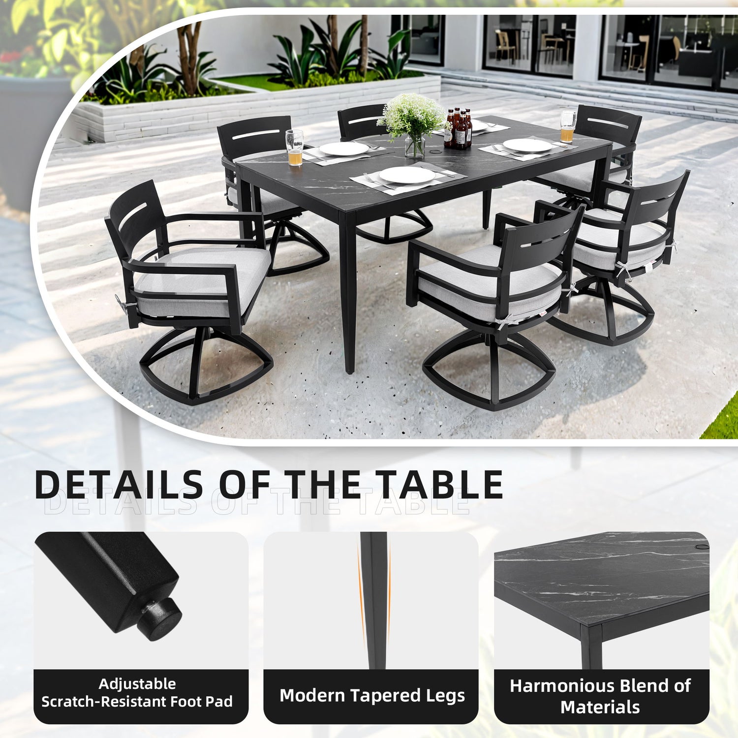 Outdoor Modern Patio Dining Table, Post Tapered Legs, Weatherproof &amp; Rust Free