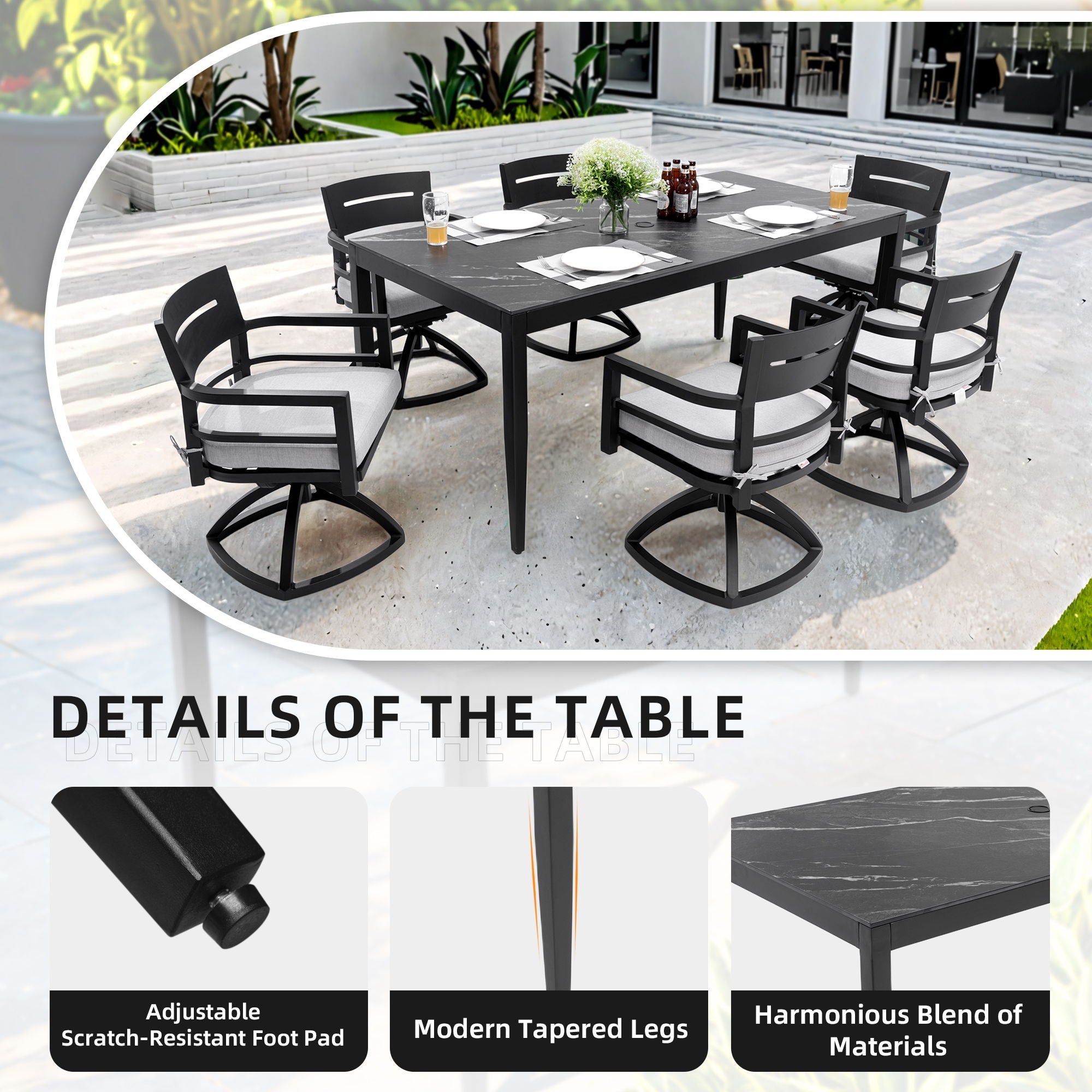 Outdoor Modern Patio Dining Table, Post Tapered Legs, Weatherproof &amp; Rust Free