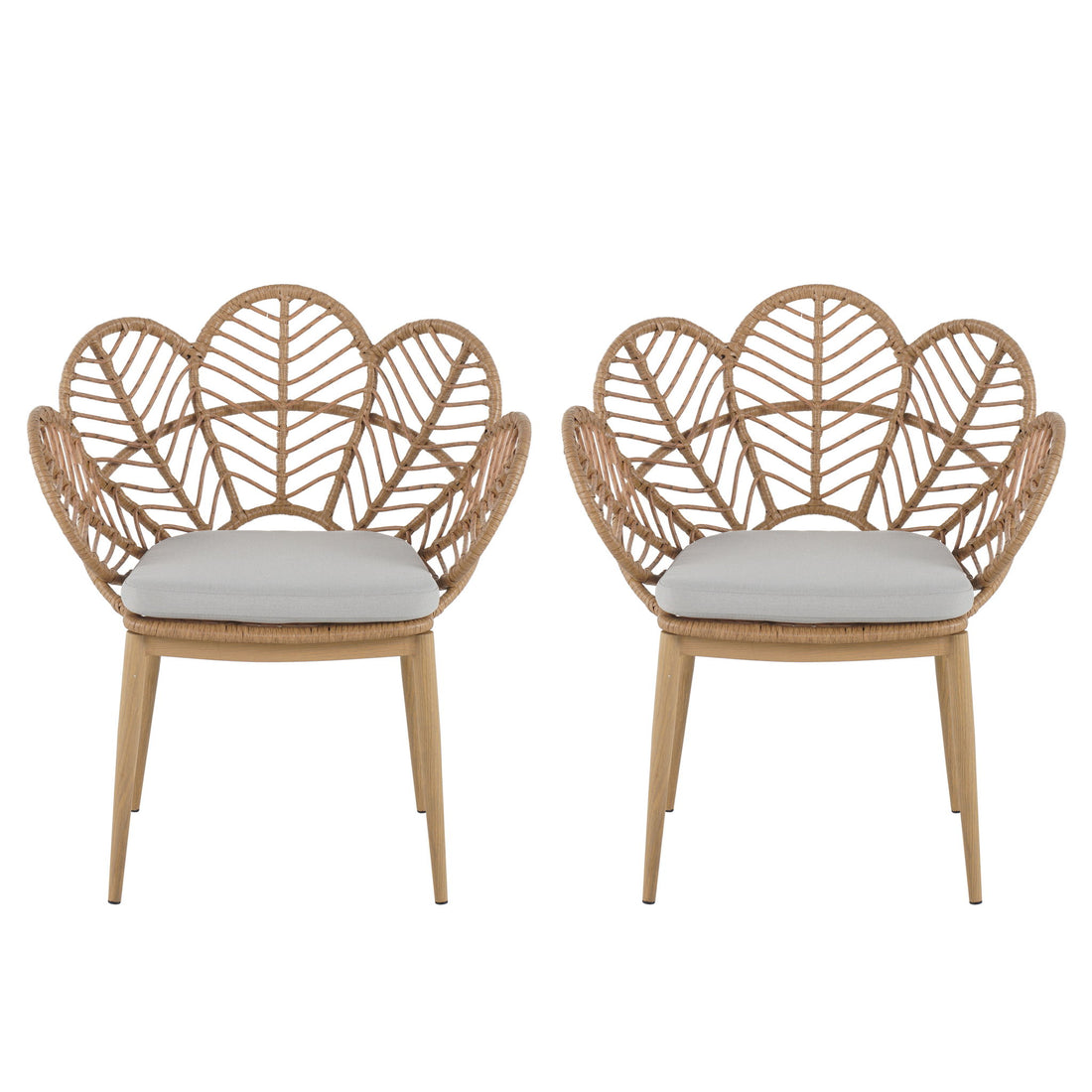 Kirk - Outdoor Wicker Peacock Shape Papasan Style Chair, Teak Finished Leg (Set of 2) - Beige / Light Brown / Light Teak