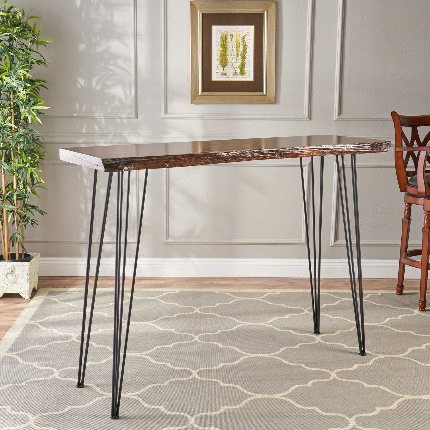 Modern Industrial Breakfast Bar Table, Metal Hairpin Legs &amp; Wood Veneer Top - Natural