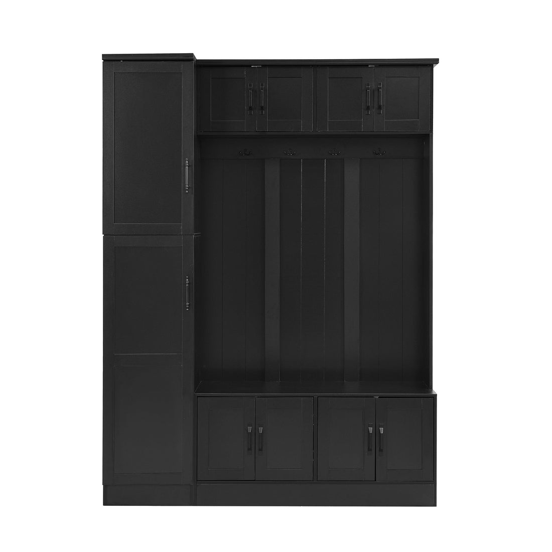 Tall Hall Tree With Shoe Storage, 4 In 1 Entryway Bench With 6 Cabinets, 4 Coat Hooks &amp; Adjustable Shelf For Hallway - Black