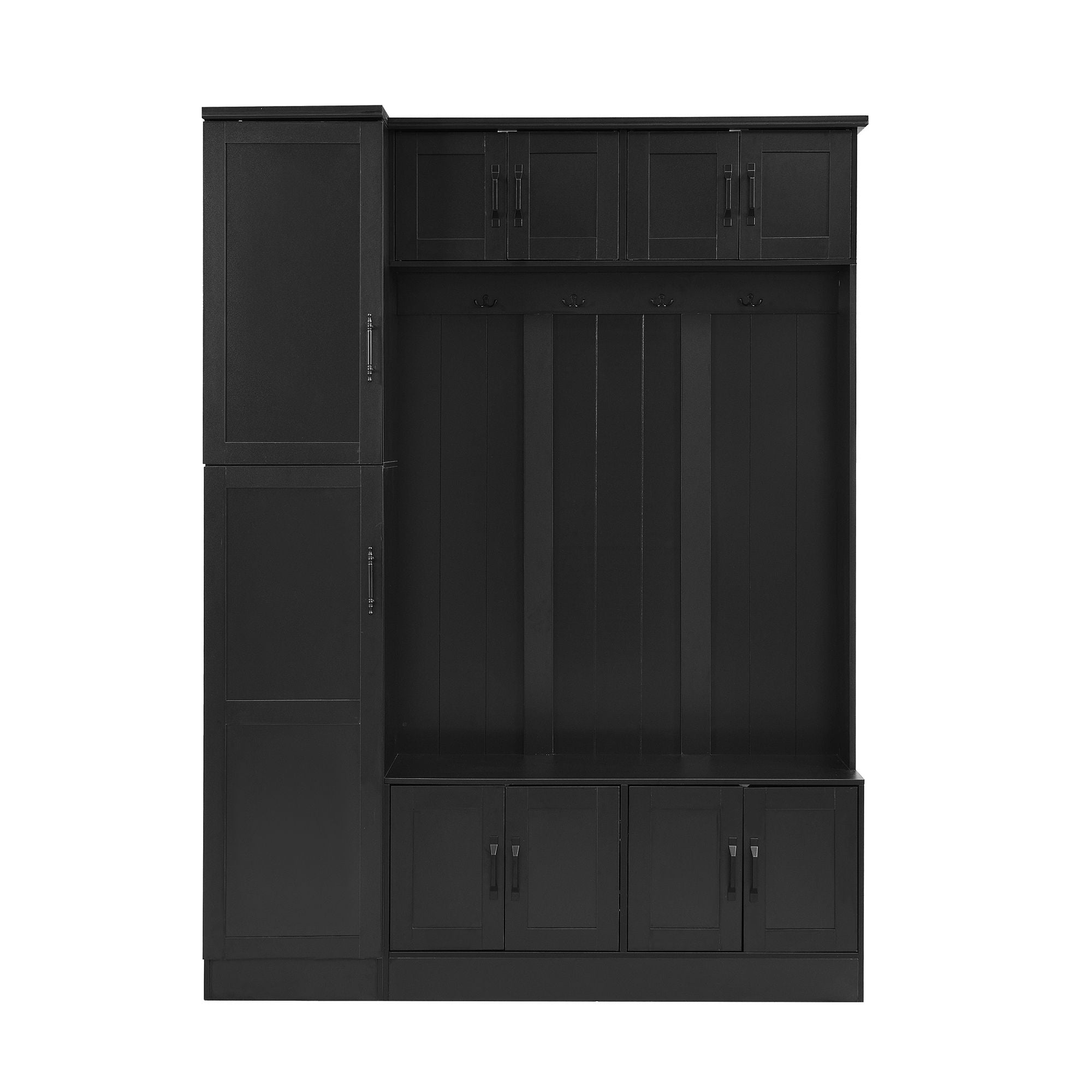 Tall Hall Tree With Shoe Storage, 4 In 1 Entryway Bench With 6 Cabinets, 4 Coat Hooks &amp; Adjustable Shelf For Hallway - Black