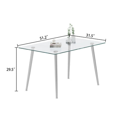 Thick Tempered Glass Top Dining Table &amp; Stainless Steel Legs - Silver