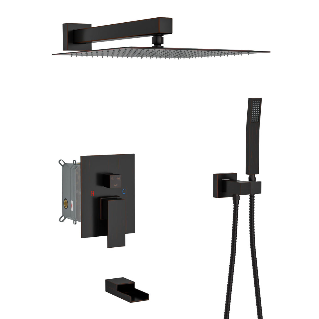 Wall Mounted Square Shower System With Waterfall Tub Spout And 12&quot; Shower Head - Oil-Rubbed Bronze