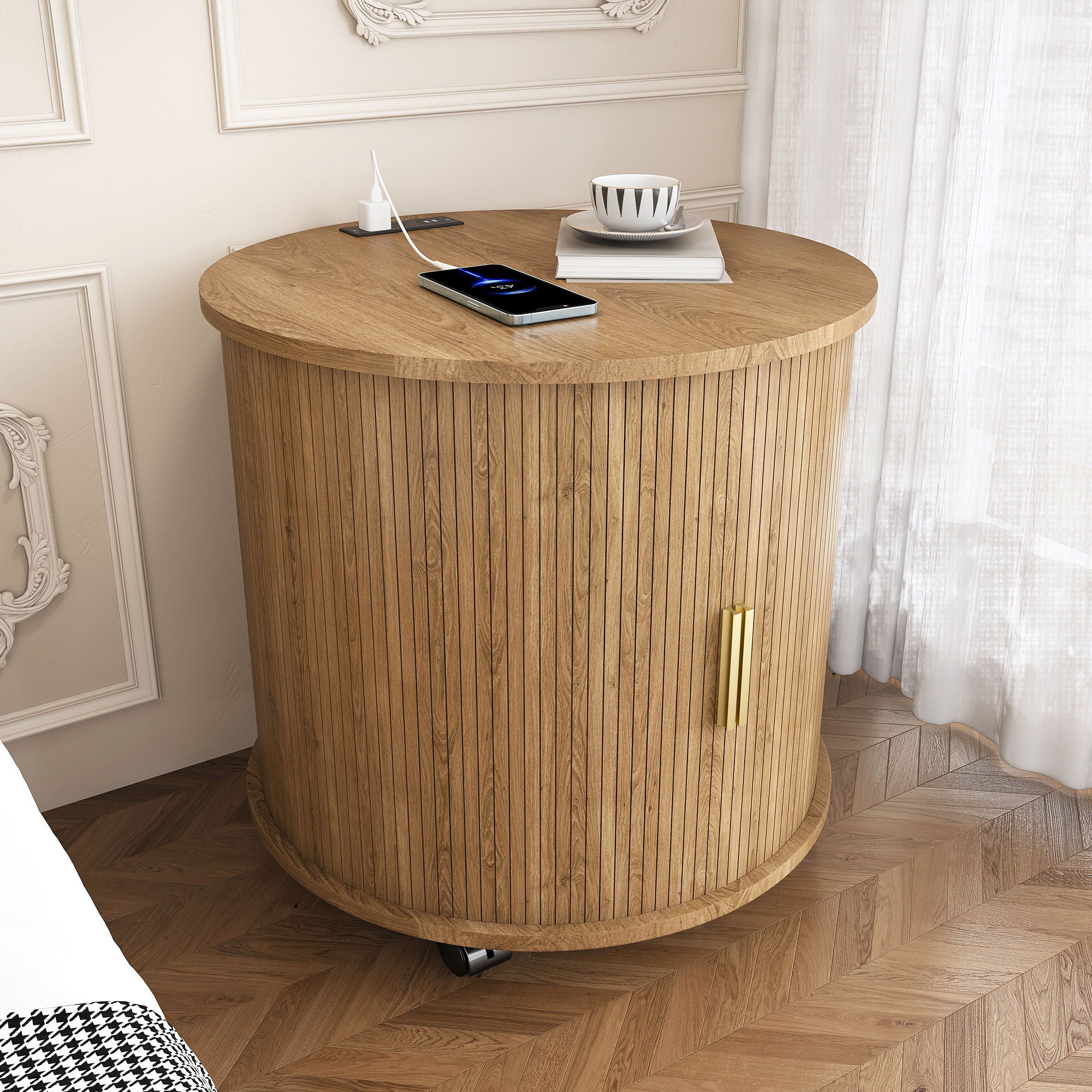 Cylinder Nightstand With Charging Station &amp; Sliding Door