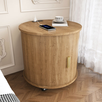 Cylinder Nightstand With Charging Station &amp; Sliding Door