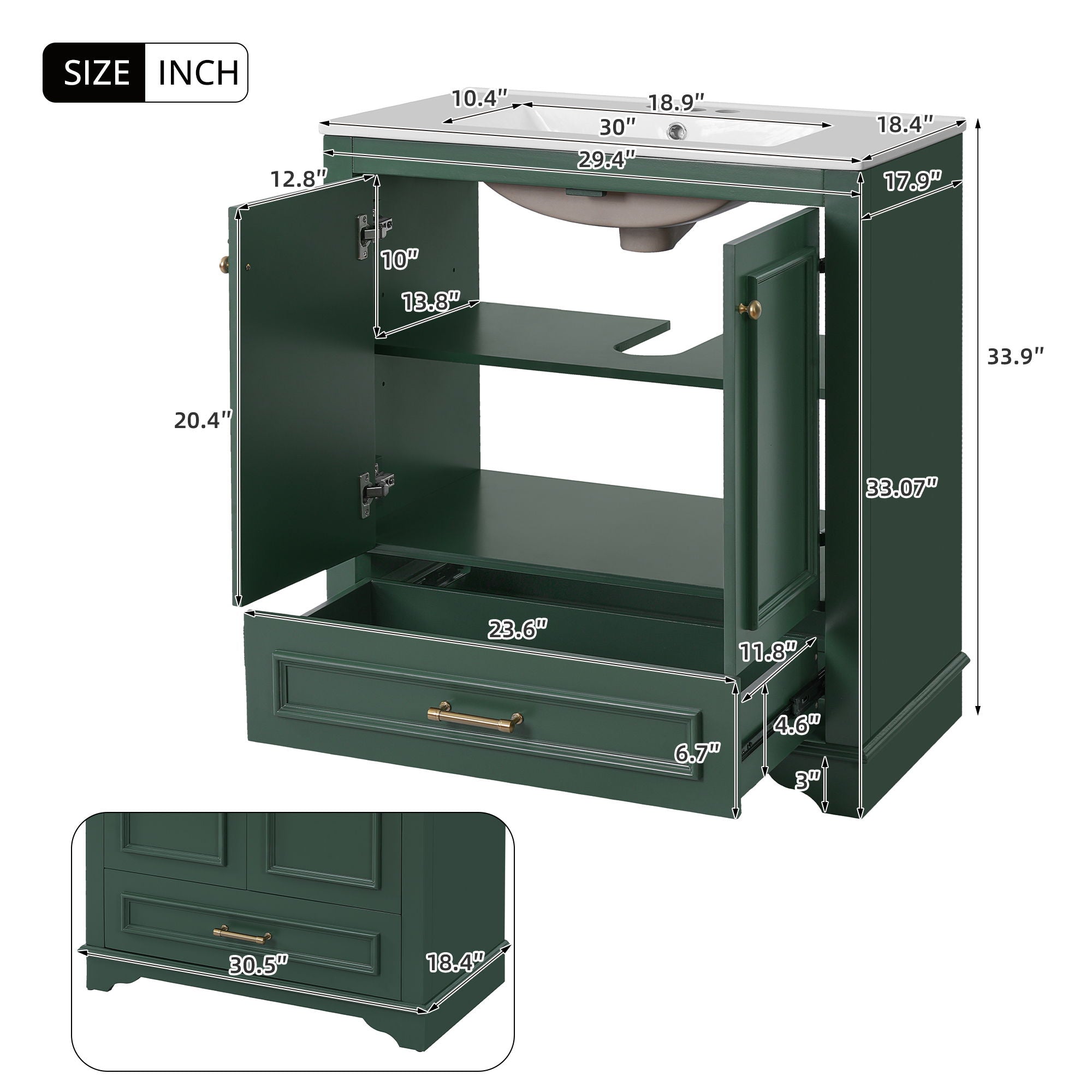 Bathroom Vanity With Sink, Cabinet &amp; 2 Soft Closing Doors &amp; Adjustable Shelf