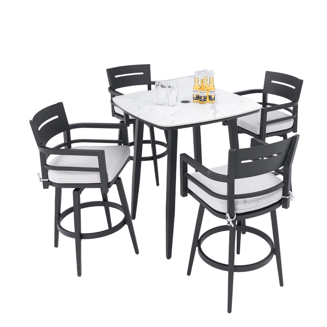 Modern Outdoor Patio Bar Set, Rounded Square Table &amp; Bar Chairs, Non Rust Frame, Tapered Legs, Sunbrella Cushion