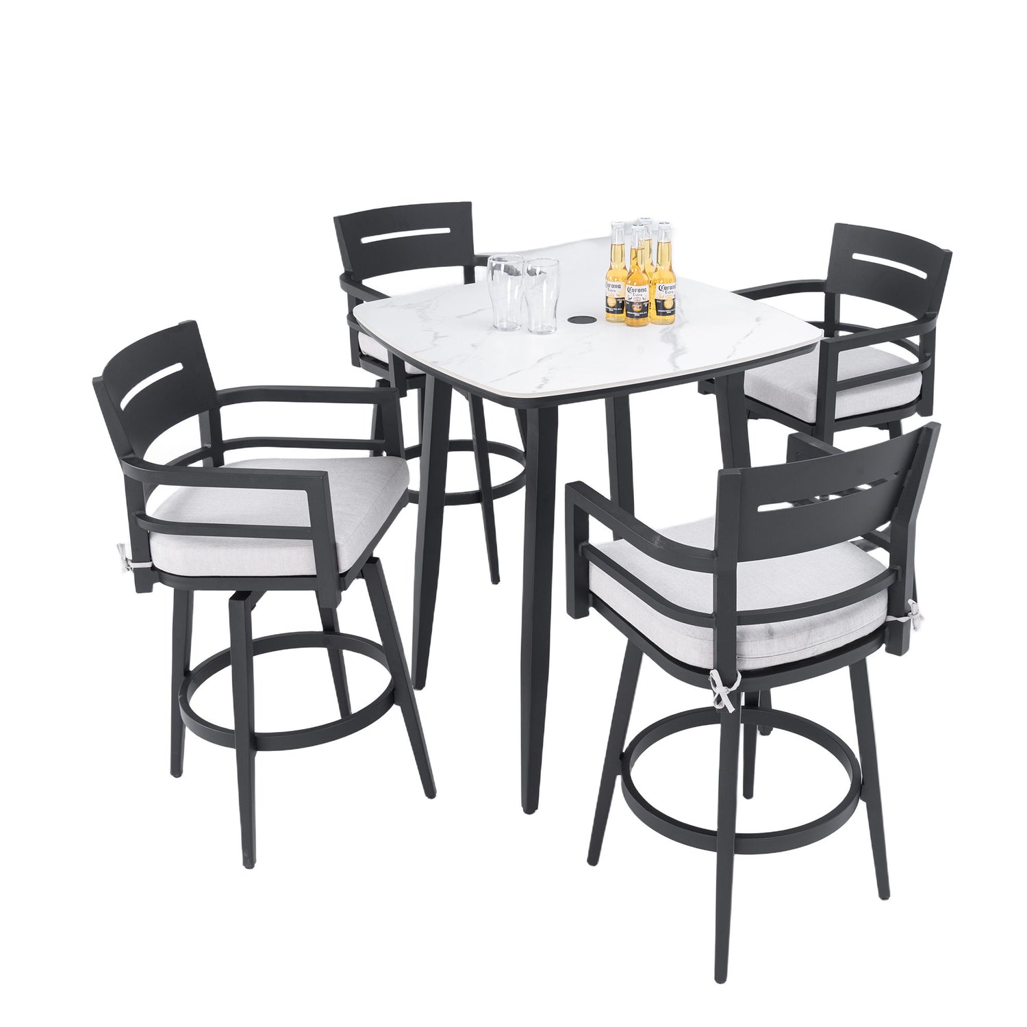 Modern Outdoor Patio Bar Set, Rounded Square Table &amp; Bar Chairs, Non Rust Frame, Tapered Legs, Sunbrella Cushion