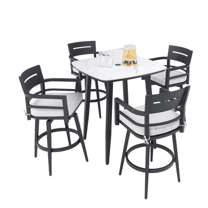 Modern Outdoor Patio Bar Set, Rounded Square Table &amp; Bar Chairs, Non Rust Frame, Tapered Legs, Sunbrella Cushion