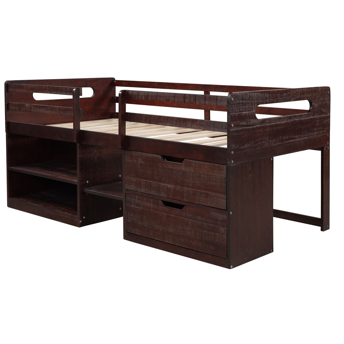 Twin Size Loft Bed With Two Shelves And Two Drawers - Antique Espresso