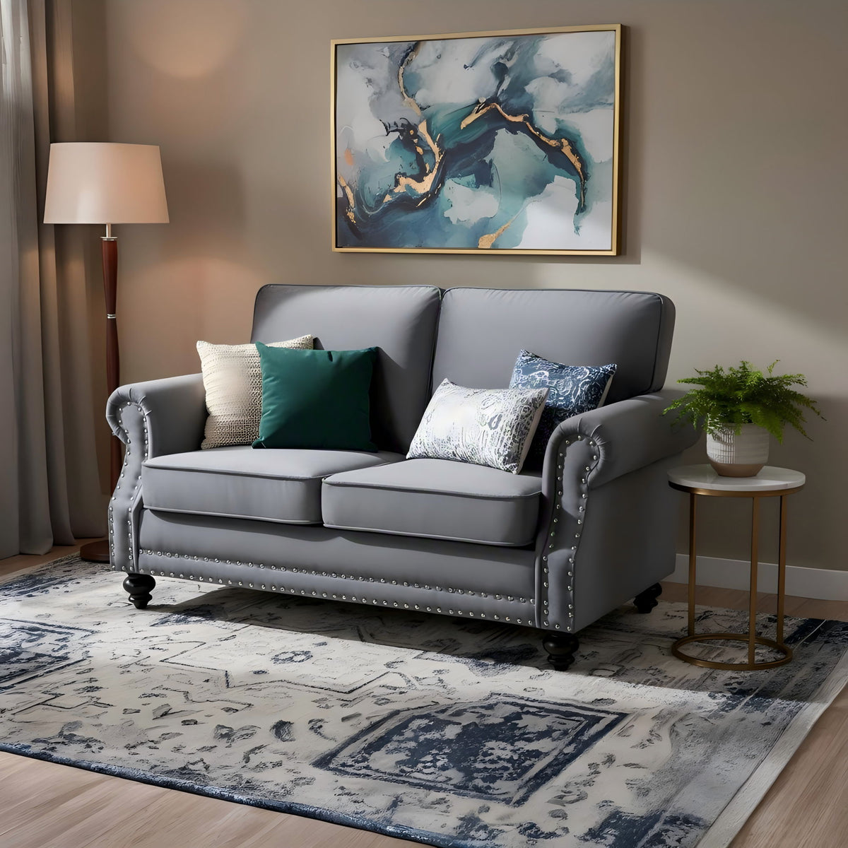Loveseat Sofa With Nailhead Detail &amp; Turned Legs, 2 Seater Upholstered Couch