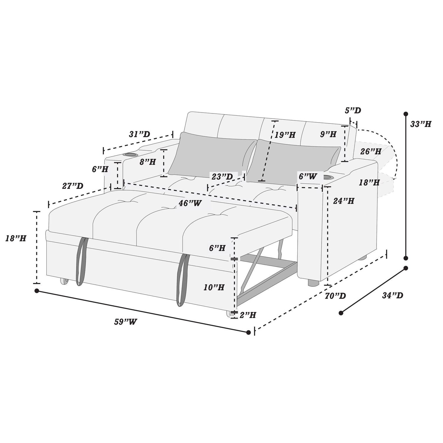 Modern Style Convertible Sofa With Pull-Out Bed, USB Ports &amp; Cup Holders