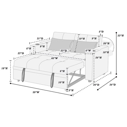 Modern Style Convertible Sofa With Pull-Out Bed, USB Ports &amp; Cup Holders