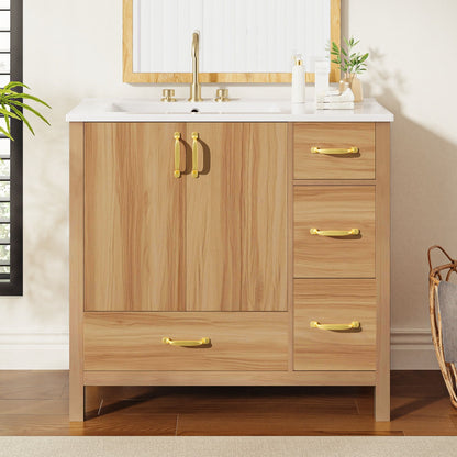 36&quot; Bathroom Vanity, 2 Soft Close Doors, 4 Soft Close Drawers, Adjustable Shelf, Storage Cabinet - Acacia Wood