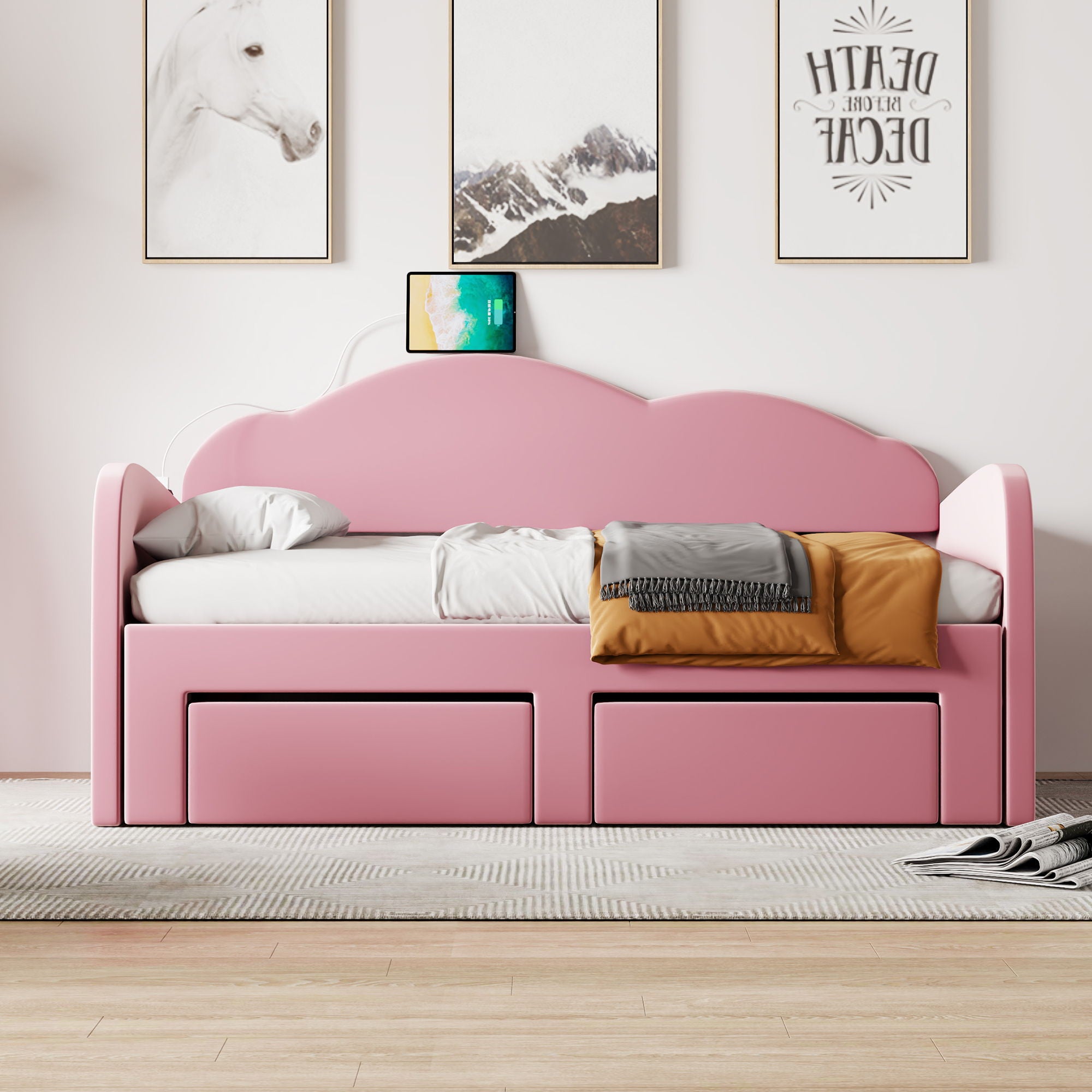 Upholstered Daybed With Cloud-Shaped Backrest, Trundle &amp; 2 Drawers And USB Ports