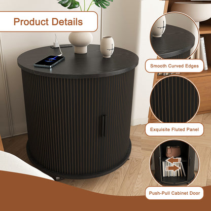 Cylinder Nightstand With Charging Station &amp; Sliding Door